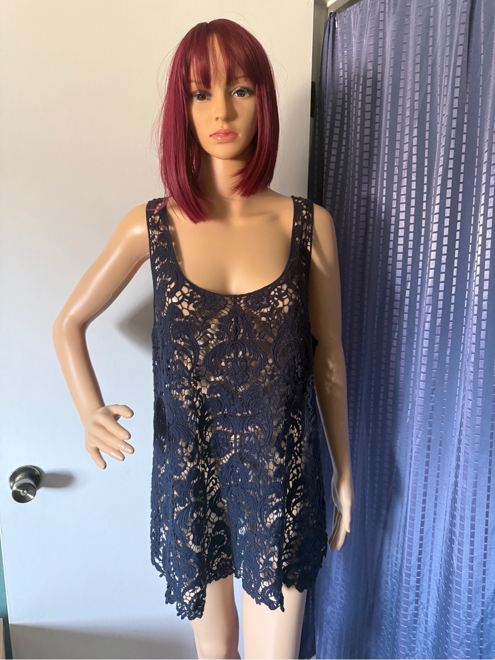 Lane Collection Navy Blue 100% Cotton Lace Tunic Top M L 42” Stretch